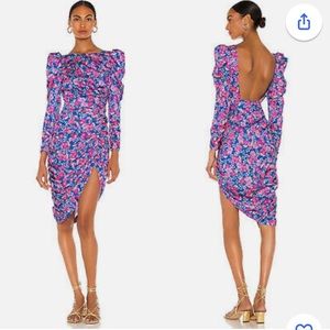 For love and lemons Annie floral puff sleeve cobalt backless dress